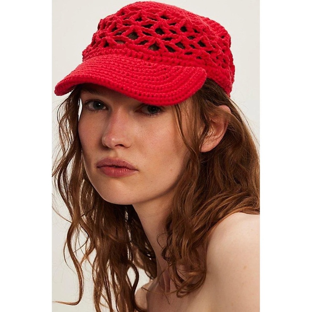 Free People Silvie Crochet Baseball Hat in Red